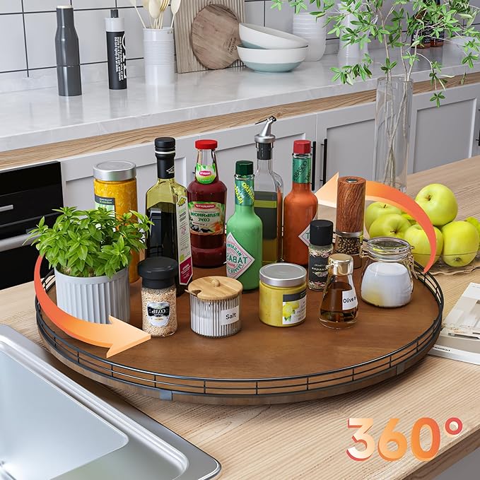 Farmhouse Oak 24" Lazy Susan Turntable Organizer for Cabinet, Round Wooden Lazy Susan Organization and Storage for Dining Table, Pantry, Kitchen, Countertop, Cupboard,Home Decor, Walnut-Ruum Studio Home