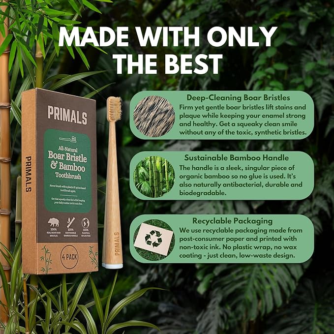 PRIMALS Boar Bristle & Bamboo Toothbrush (4-Pack) - Premium Boar Bristles - Fully Biodegradable - Plastic & Nylon Free - Quick Dry Design-Ruum Studio Home