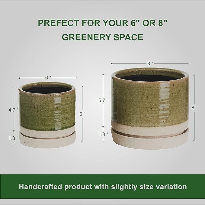 6 + 8 Inch Plant Pots, Ceramic Planter Pot with Drainage Hole & Saucer, Indoor/Outdoor Cylinder Round Planter Pot, Green-Ruum Studio Home