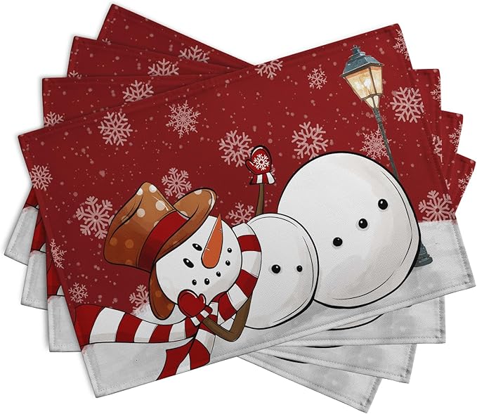 Red Snowman Snowflake Christmas Placemats Set of 4 Seasonal Winter Linen Table Mats 12x18 Inch Xmas Holiday Snow Farmhouse Rustic Washable Place Mat for Party Kitchen Dining Outdoor Indoor Decor-Ruum Studio Home