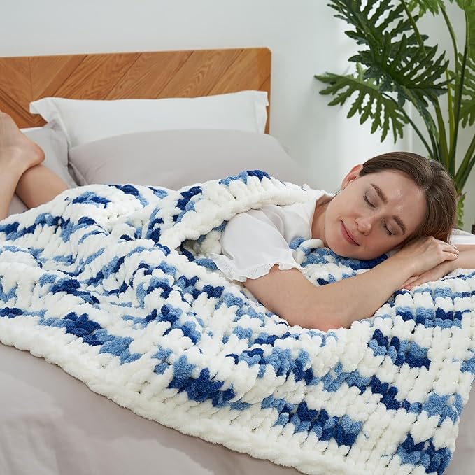 Amélie Home Chunky Knit Throw Blanket for Couch, Soft Chenille Crochet Blanket for Sofa, 50"x60", Space-Dyed Blue Striped-Ruum Studio Home