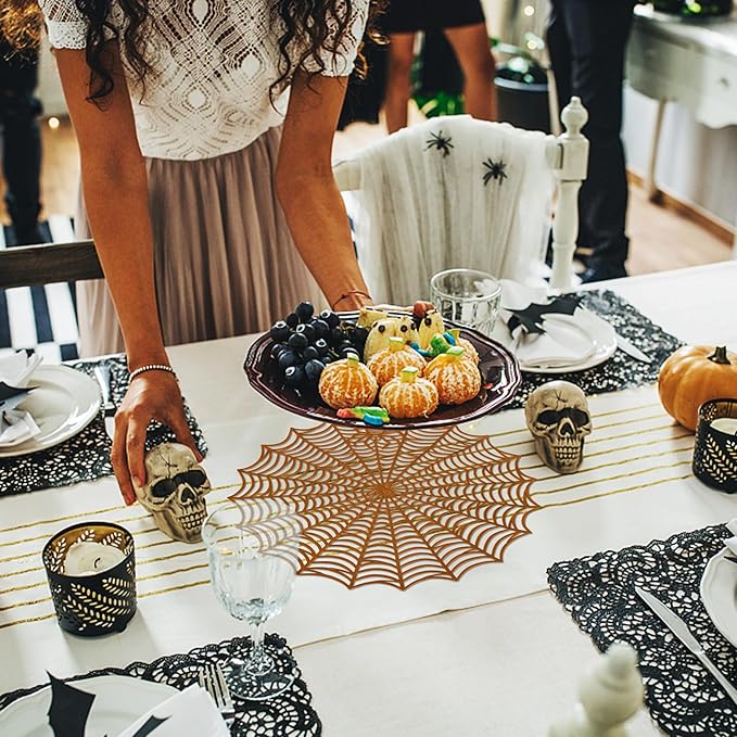 Sfcddtlg 6 Pcs Halloween Spider Web Placemats- 15"" Heat Insulation Halloween Placemats Spider Web Table Mats- Hollow Out Spiderweb Coasters Placemat for Dining Table Halloween Decoration (Brown)-Ruum Studio Home