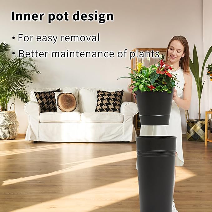 KOL 22''H 2-Pack Planter with Water Level Indicator - Galvanized Steel Pot - Self Watering Planters Flower Pot for Plant - Inner Pot Design - Round Metal Planter Box - Indoor Outdoor Planting - Black-Ruum Studio Home