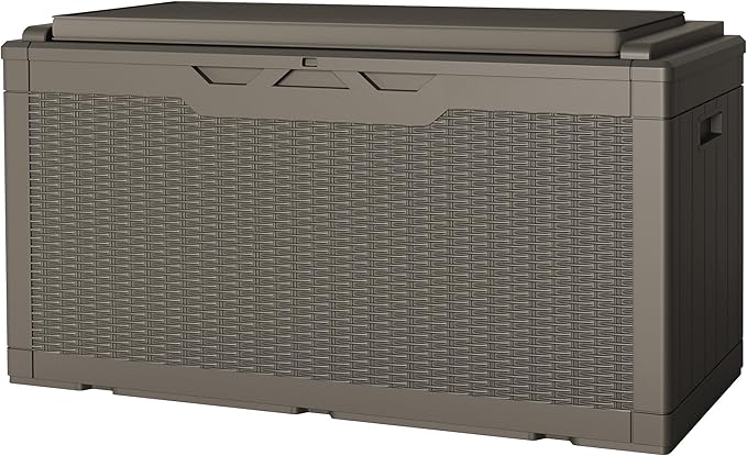 JUMMICO 100 Gallon Resin Deck Box with Cushion, Waterproof Outdoor Storage Box with Lockable Lid for Garden Tools, Patio Cushions (Light Brown)-Ruum Studio Home