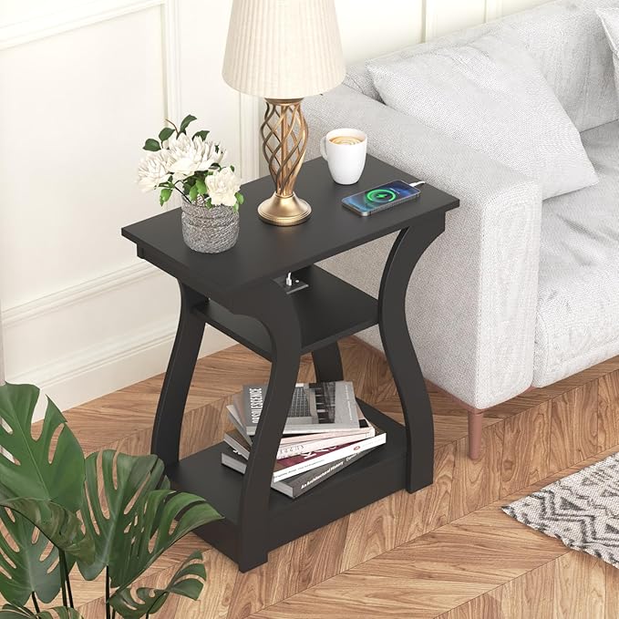 Black End Table Set of 2 with Charging Station, Side Table with USB Ports and Outlets, Black Nightstand, 3 Tier End Table with Storage Shelf for Living Room, Bedroom-Ruum Studio Home