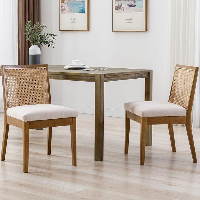 VESCASA Upholstered Dining Chairs with Square Rattan Back, Armless Padded Linen Cushion Dining Chairs with Wood Legs for Dining Room, Kitchen, Set of 2, Natural Frame-Ruum Studio Home