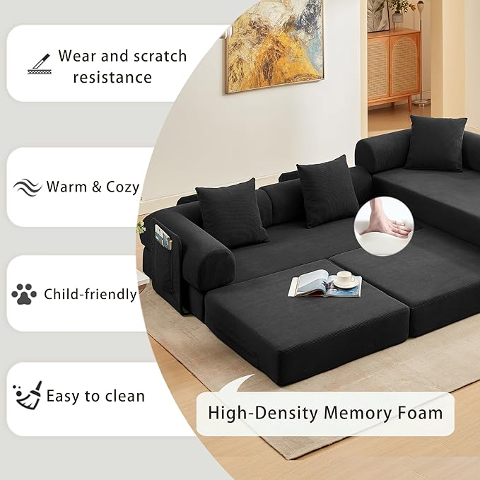 107" Oversized Convertible Sleeper Sofa Bed, Corduroy L Shape Sectional Couch, Folding Sofa Bed with Side Pocket, Modern Cloud Floor Mattress Couch, Modular Sofa for Living Room, Black-Ruum Studio Home