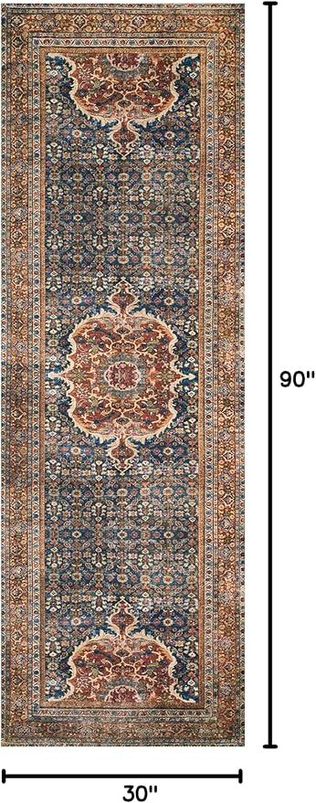 Loloi Layla Collection LAY-09 Cobalt Blue/Spice 2'-6" x 7'-6" .13" Thick Runner Rug, Soft, Durable, Vintage Inspired, Distressed, Low Pile, Non-Shedding, Easy Clean, Printed, Living Room Rug-Ruum Studio Home
