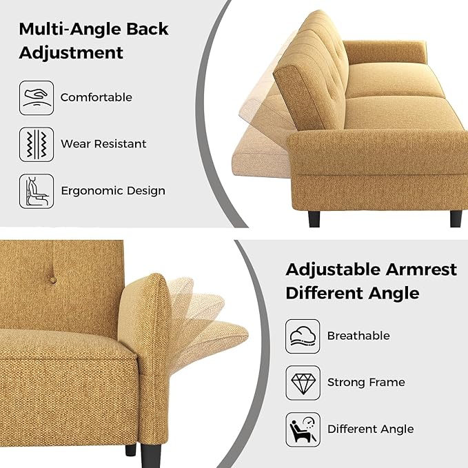 89” Futon Sofa Bed, Linen Comfy Futon Couch Bed with 2 Square Pillows, Convertible Sleeper Sofa with Adjustable Backrest& Armrests, Modern Loveseat Sleeper for Living Room, Bedroom, Yellow-Ruum Studio Home