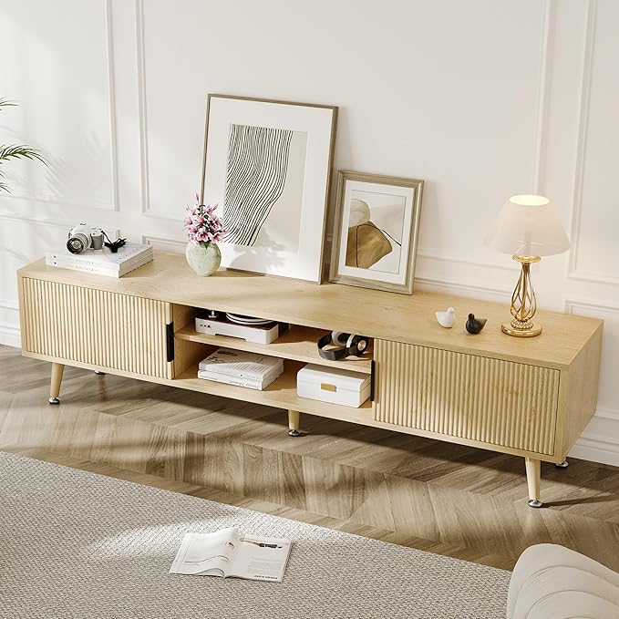 Mid Century TV Stand, Modern TV Console for TVs up to 70 Inches, Entertainment Center with Storage, TV and Media Consol, 62 Inch (Oak)-Ruum Studio Home