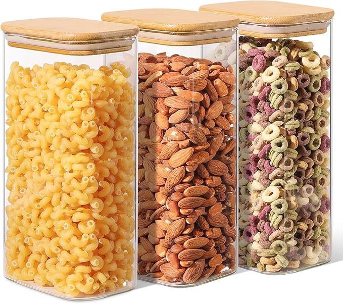 ComSaf 1.8 Qt Rectangle Glass Storage Containers with Lids, Glass Jars with Bamboo Lids, Clear Food Storage Jar, Sugar Coffee Containers, Pantry Storage Container for Pasta Rice Flour Oats Nuts Tea-Ruum Studio Home