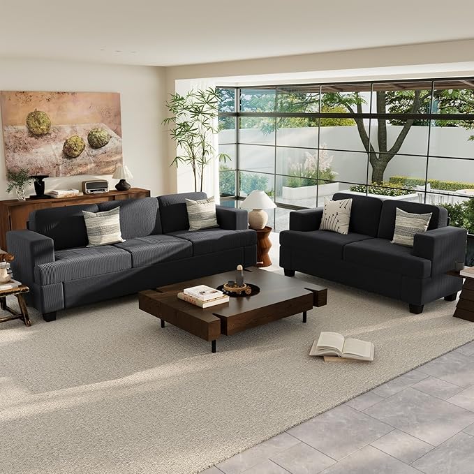 2 Pieces Corduroy Couch Set for Living Room, Black Cloud Sofa, Deep Seat Floor Couch for Bedroom, Futon Modern Sofa Sectional Bed, Black Corduroy-Ruum Studio Home