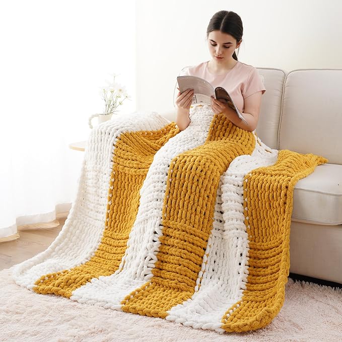 Battilo Chunky Knit Throw Blanket, Soft and Thick Chenille Throw Blanket, 50"x60" Handmade Cable Knit Crochet Blanket, Large Rope Knot Throw Blankets for Couch Sofa Bed Home Decor, Yellow & White-Ruum Studio Home
