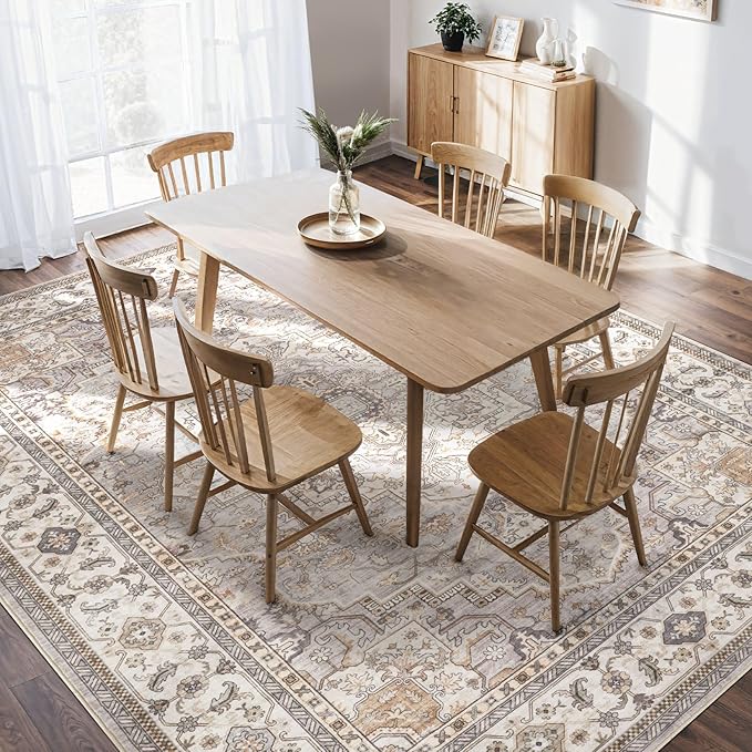 Washable Area Rugs for Living Room - 8x10 Neutral Vintage Distressed Floral Farmhouse Boho Large Soft Floor Rug Indoor Non Slip Carpet for Bedroom Dining Room Office - Grey Brown-Ruum Studio Home