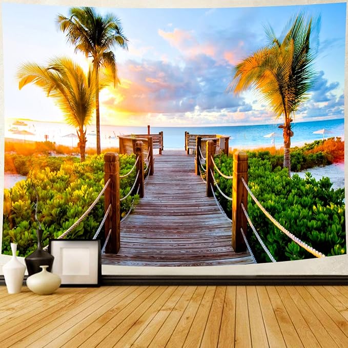 Delur Beach Sunset Tapestry Tropical Seaside Palm Tree Coastal Tapestry Wall Hanging Sunrise Nature Landscape Scenic Psychedelic Headboard for Bedroom Living Room Home Decor (70.8" x 92.5")-Ruum Studio Home