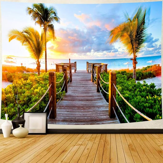 Delur Beach Sunset Tapestry Tropical Seaside Palm Tree Coastal Tapestry Wall Hanging Sunrise Nature Landscape Scenic Psychedelic Headboard for Bedroom Living Room Home Decor (70.8" x 92.5")-Ruum Studio Home
