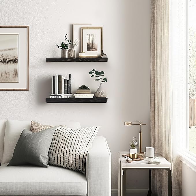 Floating Wall Shelves - 16"x6.8"x1.2" Sturdy Rustic Black Solid Wood Shelves for Storage and Décor, Easy Installation for Living Room, Bedroom, and Kitchen - 2 Pack-Ruum Studio Home