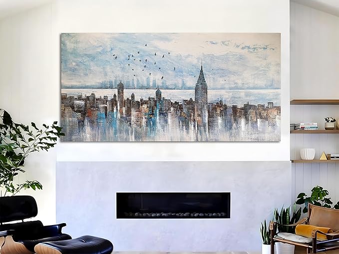 Arjun Cityscape Wall Art New York City Skyline Buildings Picture Modern Abstract Grey NYC Skyline Birds Painting Framed Artwork for Bedroom Living Room Bathroom Home Office Decor, Large Size 40"x20"-Ruum Studio Home