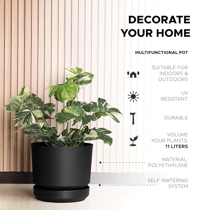 Elly Décor 12 inch Plastic Cylinder Planter Pot with Self-Watering Saucer and Drainage Hole,Lightweight & Extremely Durable, 12"x 12", Black-Ruum Studio Home