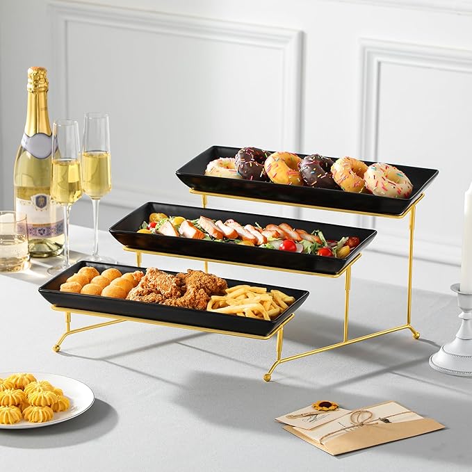MALACASA 3 Tier Serving Trays for Party, 14 Inch Porcelain Black Trays for Serving Food, Dessert Stand with Collapsible Gold Metal Rack-Ruum Studio Home