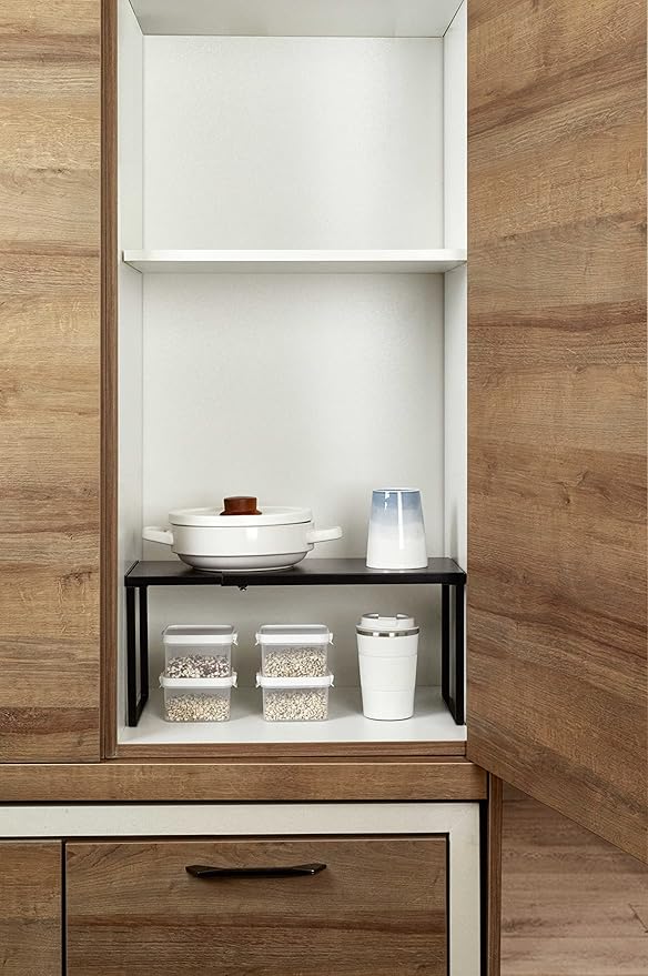 Nxconsu Cabinet Shelf Expandable Organizer Riser Rack for Kitchen Pantry Cupboard Under Sink Countertop Home Organization Extra Storage Space Saver Heavy Duty Metal Edgeless Design Black-Ruum Studio Home