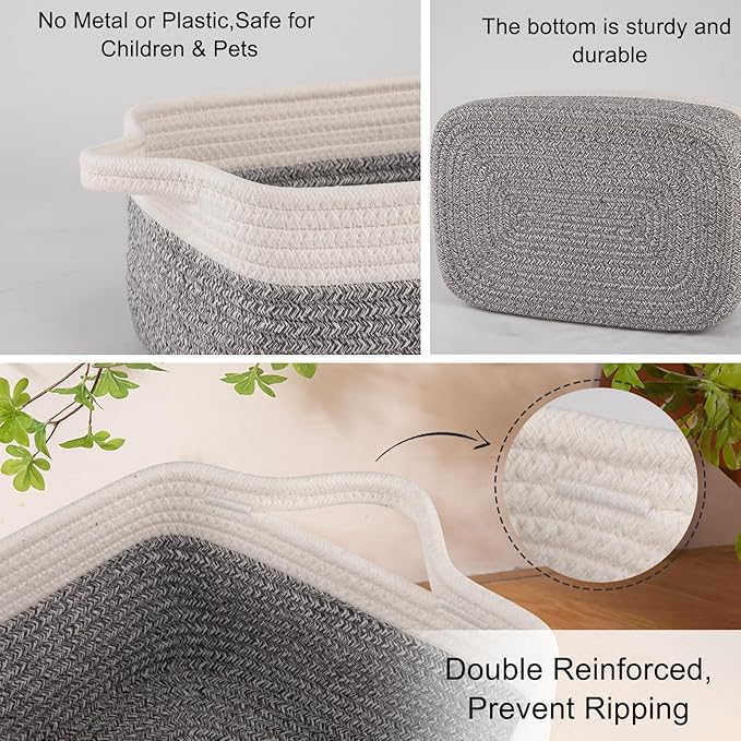 OIAHOMY 3 Pack Storage Baskets for Organizing, Woven Cotton Rope Basket for Shelves, Closet Organizer Bins with Handles, Rectangle Toy Organization, 13.78''×9.84''×5.5'', Grey & White-Ruum Studio Home