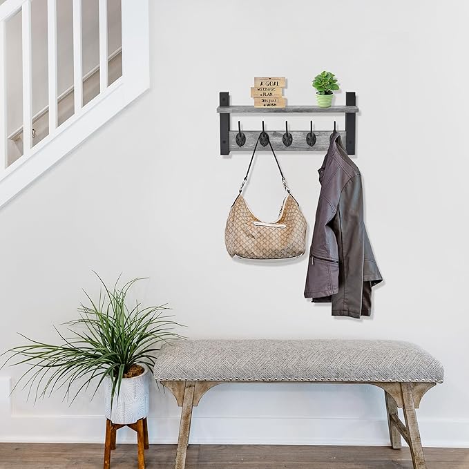 Sorbus Coat Hooks Wall Mount with Shelf – 16 Inch Coat Rack Wall Mount with 5 Heavy Duty Hooks – Floating Wall Shelf with Hooks for Entryway, Bathroom, Bedroom, Kitchen, or Mudroom (Gray)-Ruum Studio Home