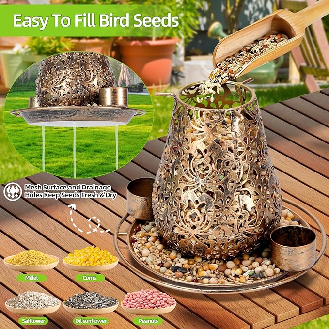 Mushroom Solar Bird Feeders for Outdoors Hanging Metal Wild Bird Feeder Garden Lantern with S Hook for Garden Decoration Brown-Ruum Studio Home