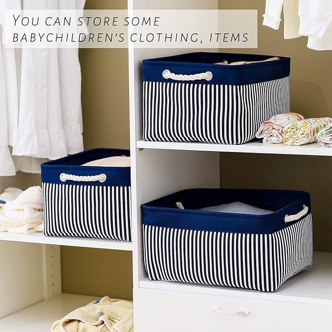 TcaFmac Storage Basket for Organizing - Large 4 Pack Foldable Storage Bins Baskets for Shelves with Ropes, Fabric Storage Cubes for Cloth Toy Gift Kids (Navy & White 16x12x8 inch)-Ruum Studio Home