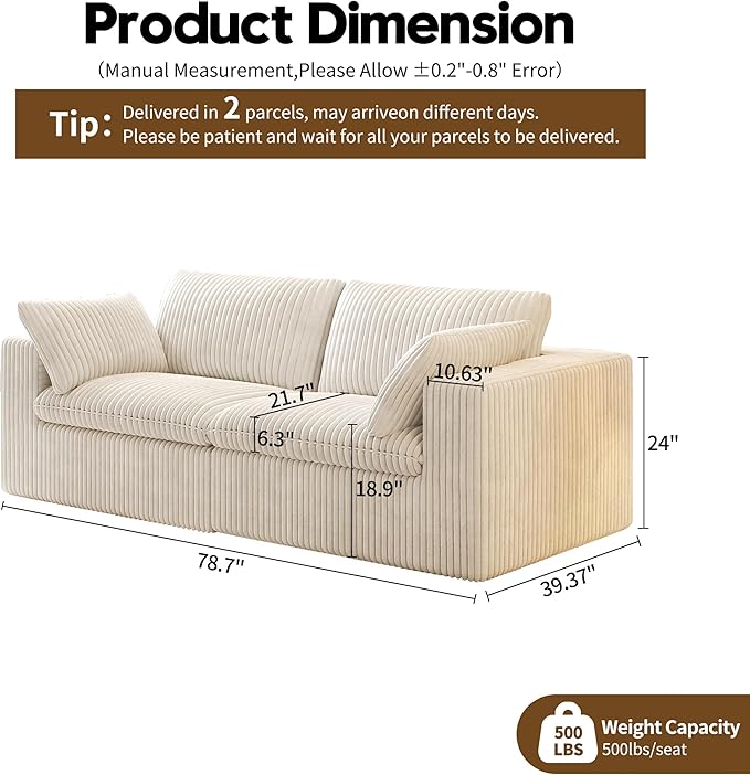 78.74" LoveSeat Cloud Sofa,Modular Sectional Couch,Modern Deep Seat Upholstered Couches with Plush Corduroy Fabric for Living Room Furniture,Bedroom and Apartment,No Assembly Required,White-Ruum Studio Home