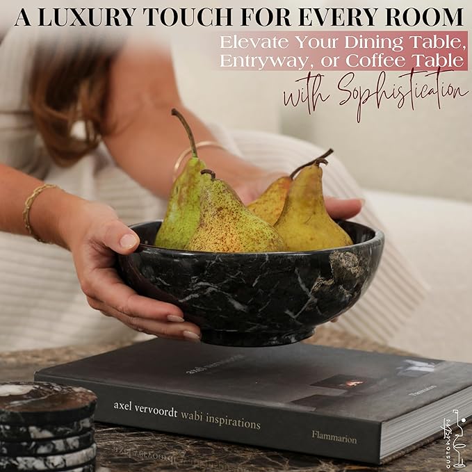 Gusto Nostro 8" Luxury Black Marble Decorative Bowl for Coffee Table - Elegant Modern Fruit Bowl for Kitchen Counter - Heavy Stone Entryway Catch all for Keys, Jewelry, Potpourri Holder Centerpiece-Ruum Studio Home