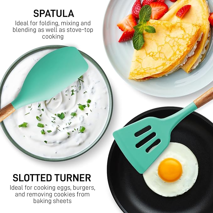 Zulay Kitchen Non-Stick Cooking Utensils Set with Authentic Acacia Wood Handles – 5-Piece Durable & Stylish Silicone Kitchen Utensils Set – Heat Resistant to 464°F – Mint-Ruum Studio Home