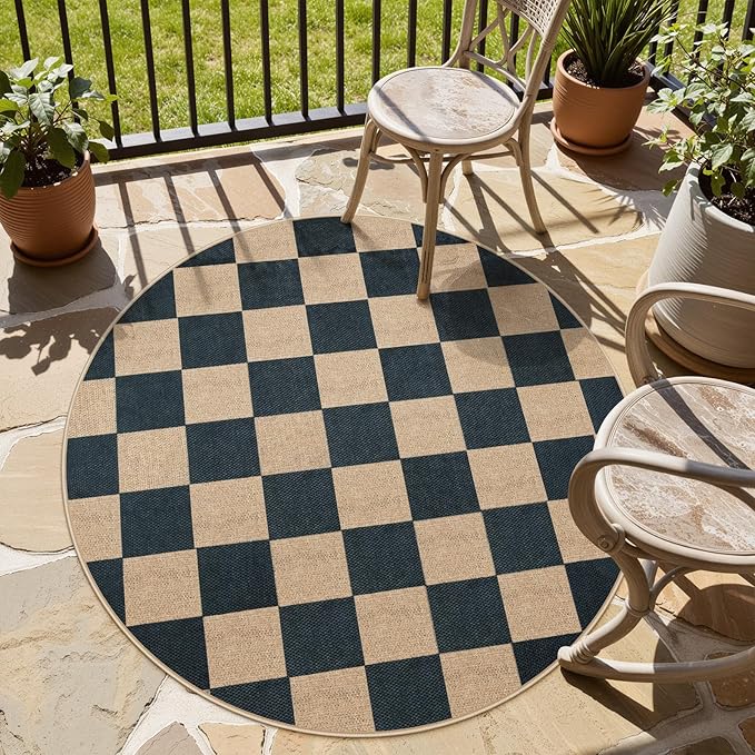 Lahome Checkered 4 ft Easy Jute Round Rug, Washable Small Rugs for Entryway Patio, Farmhouse Non Slip Non Shedding Indoor Outdoor Circle Carpet for Kitchen Porch-Ruum Studio Home