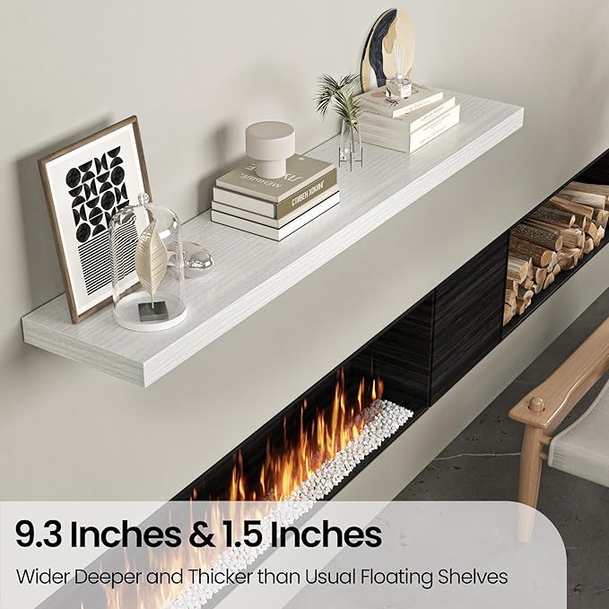 Floating Shelves for Wall, 72"W x 9.3"D x 1.5"H, Long Wooden Wall Mounted Display Shelves with Invisible Brackets for Living Room, Bedroom, Bathroom, Kitchen Decor and Storage, Set of 1, White-Ruum Studio Home