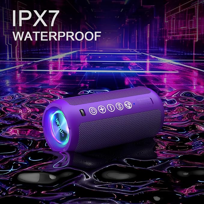 Ortizan Portable Bluetooth Speaker: IPX7 Waterproof, 24W Loud Sound, Deep Bass, Bluetooth 5.3, LED Lights, Wireless Stereo Pairing, 30H Playtime, for Home/Outdoor/Party/Beach, Birthday Gift (Purple)-Ruum Studio Home
