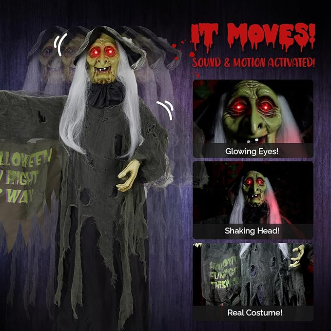 AW Animated Halloween Decorations,Scary Witch,6 FT Life Size Standing Clown,Motion/Sound Activated LED Eyes Creepy Sound,Haunted House Props,Party Outdoor Indoor Lawn Yard Patio 2025-Ruum Studio Home