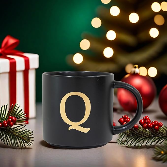 COLLECTIVE HOME - Monogram Ceramic Mugs, 15 oz Golden Initial Black Coffee Cups, Elegant Alphabet Tea Mugs, Elegant Personalized Mug with Gift Box, Unique Mug with Double Side Capital Lette (Q)-Ruum Studio Home