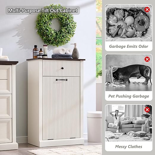 Modern Tilt-Out Trash Can Cabinet, 10 Gallon Fluted Laundry Hamper Cabinet with Drawers, Wooden Hidden Garbage Can Cabinets with Storage Basket, Free Standing for Kitchen and Living Room, White-Ruum Studio Home