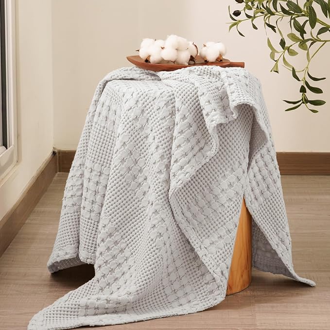 PHF 100% Cotton Waffle Weave Throw Blanket, Soft Lightweight Breathable Cozy Summer Throws for Couch Bed Sofa, Luxury Aesthetic Woven Blanket for Home Decor & Office, 50"x60", Light Grey-Ruum Studio Home