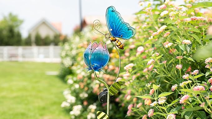 TERESA'S Collections Flower Yard Decorations Outdoor, 42'' Blue Glass Butterfly Solar Outdoor Lights Garden Decor for Outside, Metal Yard Art Garden Stake Decorative for Patio Decor,Gifts for Mom-Ruum Studio Home