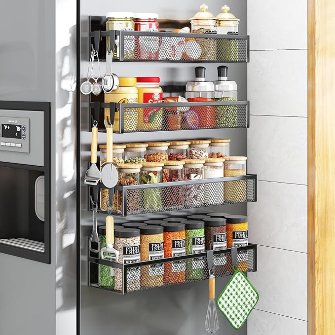 Magnetic Spice Rack for Refrigerator, 4 Pack Magnetic Shelf, Fridge Magnet Organizer with Moveable 8 Hooks, Magnetic Fridge Shelf for Kitchen Organization and Storage (4 Pack)-Ruum Studio Home