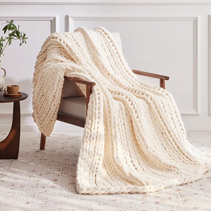 Chunky Knit Throw Blanket, 60''*80'' Knitted Throw Chenille Yarn for Bed Couch, Handmade Cream Crochet Big Thick Blanket, Machine Washable Cute Comfy Blanket for Home Decor-Ruum Studio Home