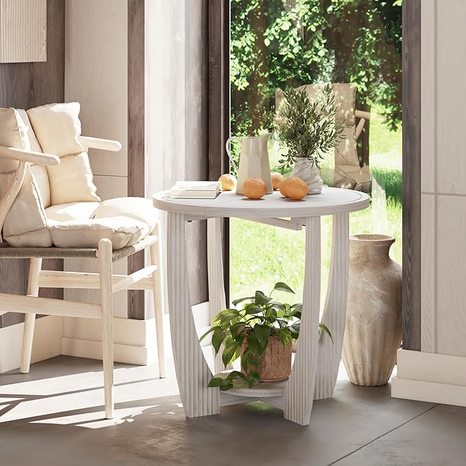 Rustic Farmhouse end Table X 2P with Storage Shelf, French Country Accent Side Table for Family, Dinning or Living Room, Small Spaces, Modern, Round, White-Ruum Studio Home
