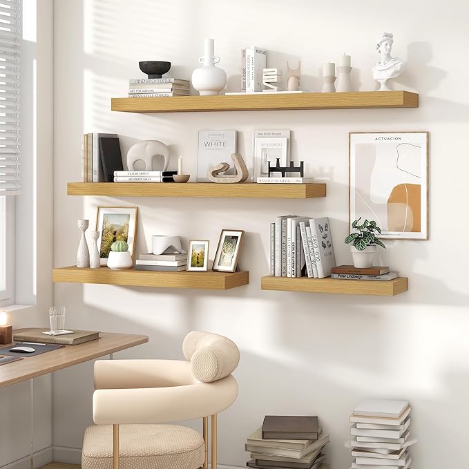 Heimlove 55 Inch Floating Shelves for Wall,10 Deep Large Rustic Wall Shelf with Heavy Duty Brackets,Wall Mounted Storage & Display Shelves for Bedroom,Living Room,Kitchen,Office,Oak Color-Ruum Studio Home