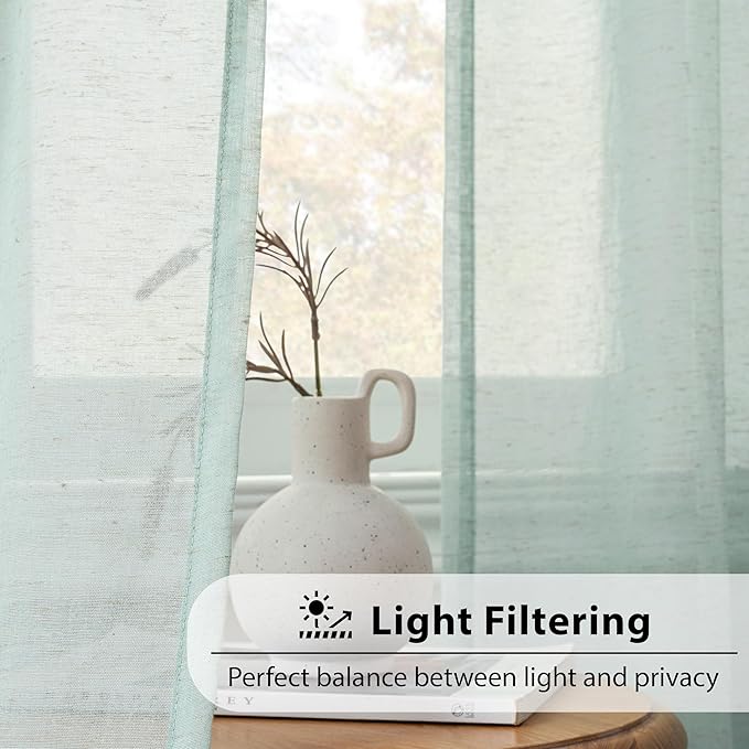 FMFUNCTEX Linen Sheer Curtains for Bedroom, Sage Green Curtains 63 Inch Length for Living Room, Farmhouse French Flax Blend Window Draperies, Rod Pocket 2 Panels Set-Ruum Studio Home
