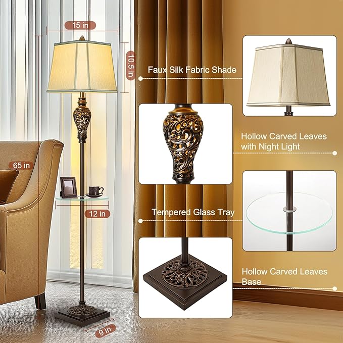 Rustic Floor Lamp for Living Room with Nightlight and Glass Tray, Vintage Standing Lamp with Beige Faux Silk Shade, Farmhouse Tall Lamp for Bedroom Study Home Office Hotel Bar - Brown (Bulb Included)-Ruum Studio Home