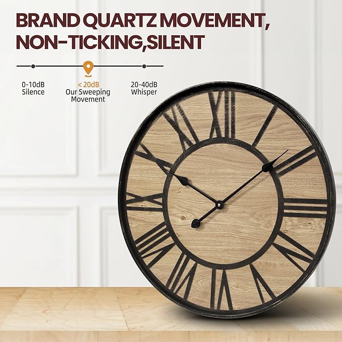 Large Wall Clock for Living Room Decor, Non Ticking Silent, Battery Operated Modern Vintage Wood Wall Clock Oversized Decorative Wall Clock for Bedroom Kitchen Farmhouse Office Decor-Ruum Studio Home