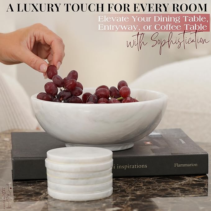 Gusto Nostro 8" Luxury White Marble Decorative Bowl for Coffee Table - Elegant Modern Fruit Bowl for Kitchen Counter - Heavy Stone Entryway Catch all for Keys, Jewelry, Potpourri Holder - Medium Size-Ruum Studio Home