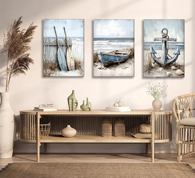 3Pcs Coastal Beach Canvas Wall Art Sailboat Paddle And Anchor Paintings Pictures Wall Decor Nautical Posters Prints Artwork Suitable for Living Room Bedroom Home Office Corridor Home Decroation-Ruum Studio Home