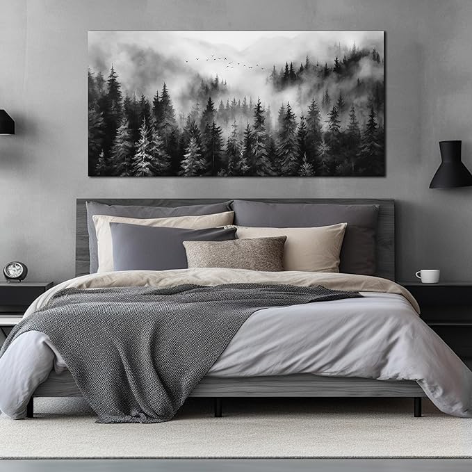 Large Pictures for Living Room Foggy Forest Canvas Wall Art for Bedroom Black Home Office Wall Decor 29 x 59 Inch-Ruum Studio Home